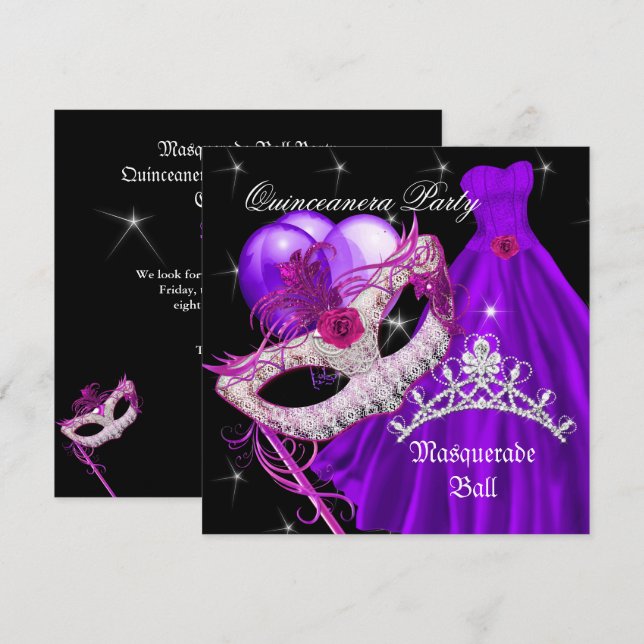 Invitación Masquerade Quinceanera Cumpleaños Púrpura (Anverso / Reverso)