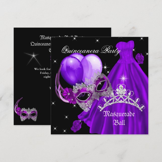 Invitación Masquerade Quinceanera Cumpleaños Rosa Púrpura (Anverso / Reverso)