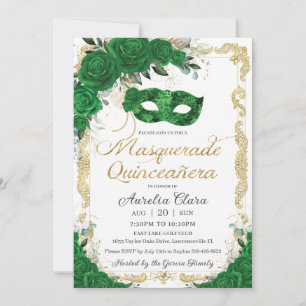 Invitación Masquerade Quinceañera Emerald Green Floral Gold