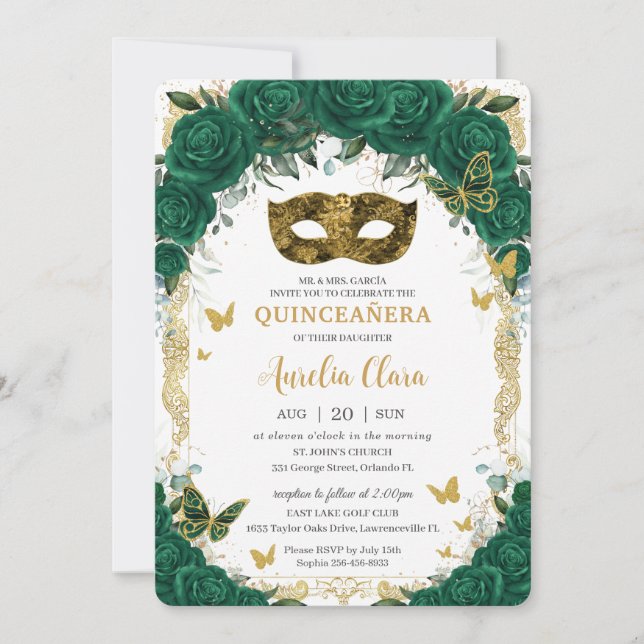 Invitación Masquerade Quinceañera Emerald Green Floral Gold (Anverso)