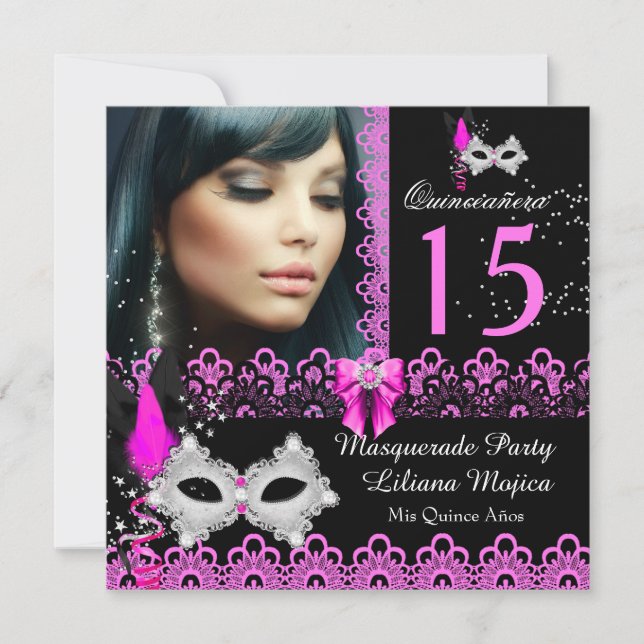 Invitación Masquerade Quinceanera Fiesta Hot Pink Lace (Anverso)
