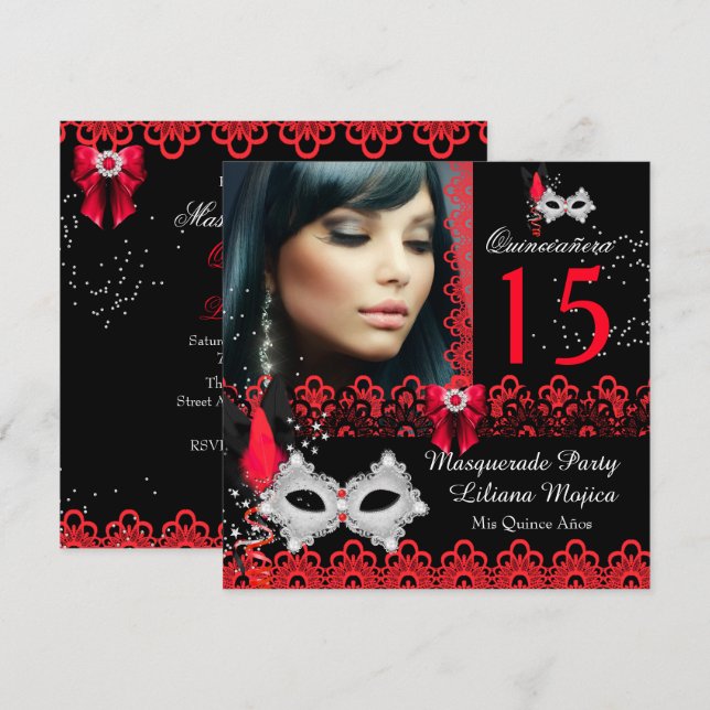 Invitación Masquerade Quinceanera Fiesta Red Lace (Anverso / Reverso)