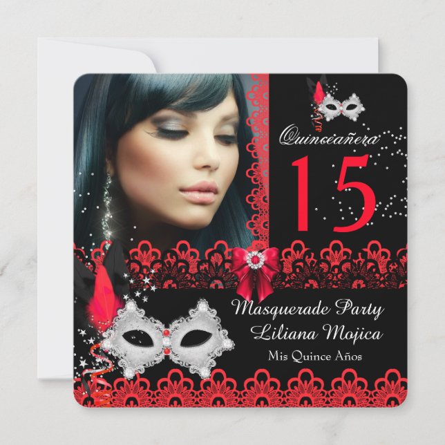 Invitación Masquerade Quinceanera Fiesta Red Lace (Anverso)