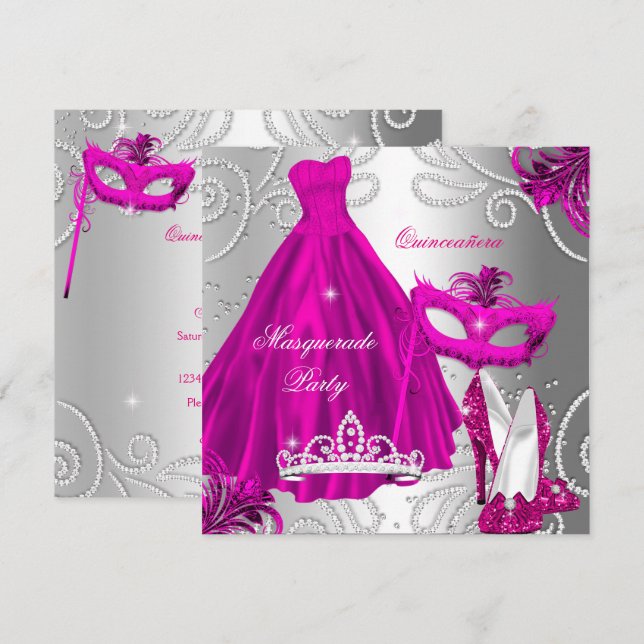 Invitación Masquerade Quinceanera Fiesta Vestido de Plata Ros (Anverso / Reverso)