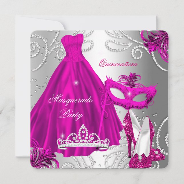 Invitación Masquerade Quinceanera Fiesta Vestido de Plata Ros (Anverso)
