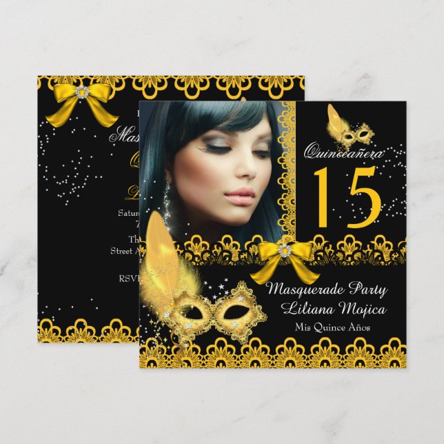 Invitación Masquerade Quinceanera Fiesta Yellow Gold Lace (Anverso / Reverso)