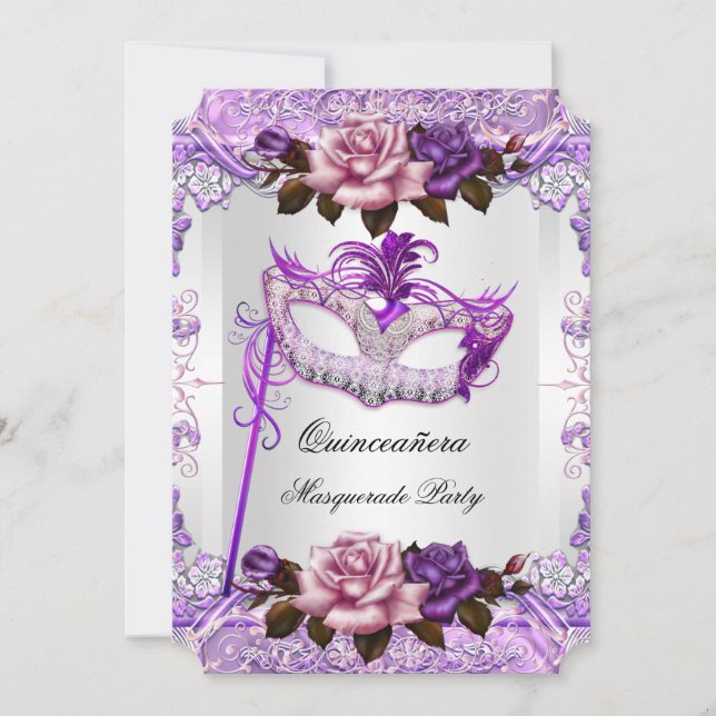 Invitación Masquerade Quinceanera Rosa Púrpura Rosa (Anverso)