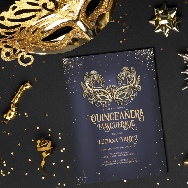Invitación Masquerade Sparkly Gold Purpurina Azul Quinceañera (Subido por el creador)