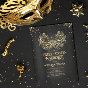 Invitación Masquerade Sparkly Gold Purpurina Black Sweet 16