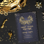 Invitación Masquerade Sparkly Gold Purpurina Marina Blue Swee<br><div class="desc">Esta moderna y moda mascarada dulce invitación a la fiesta de 16 años es perfecta para un chica moderno y elegante. Cuenta con una máscara de máscaras de purpurina de oro fino dibujado por un personalizado sobre un fondo de ensueño azul marino y un confeti purpurina. Es elegante, glamuroso, jovial...</div>