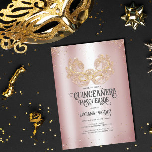 Invitación Masquerade Sparkly Gold Purpurina Silver Quinceañe