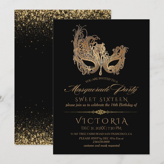 Invitación Masquerade Sweet Dieciséis Máscara de Oro (Anverso / Reverso)