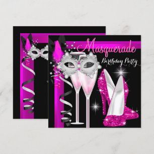 Invitación Masquerade Tacones Altos Rosa Negro Champán Fiesta
