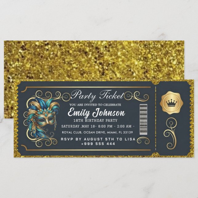 Invitación Masquerade Ticket Birthday Invitation Teal Gold (Anverso / Reverso)