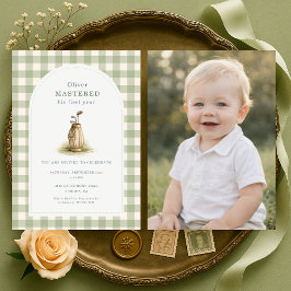 Invitación Mastered 1st Year Gingham Photo Birthday