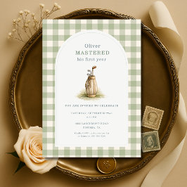 Invitación Mastered 1st Year Sage Green Gingham Birthday