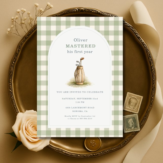 Invitación Mastered 1st Year Sage Green Gingham Birthday (Subido por el creador)