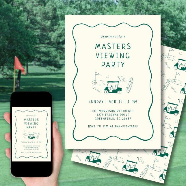 Invitación Masters Golf Viewing Watch Party Hand Drawn Green (Clean, modern layout with hand-drawn golf details.)