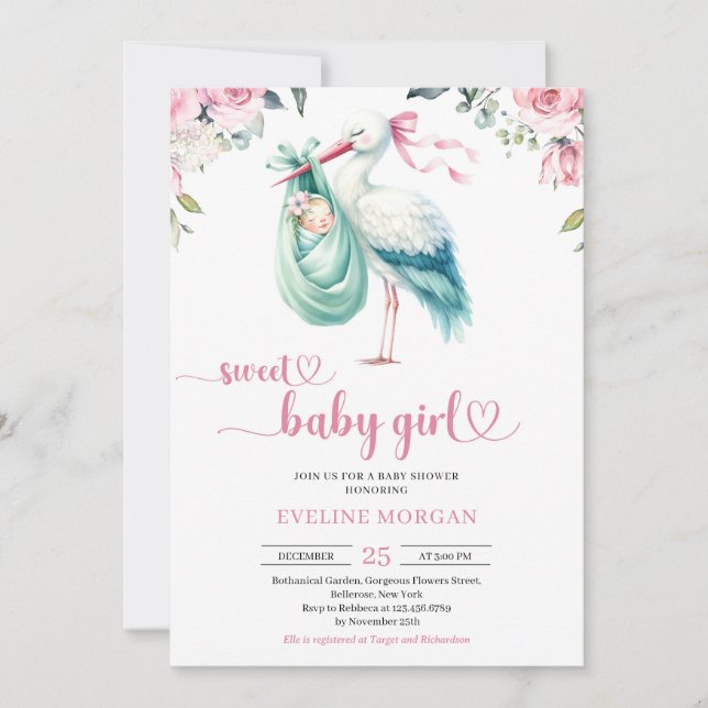 Invitación Mata acuarela y bebé de cigüeña rosa (Anverso)