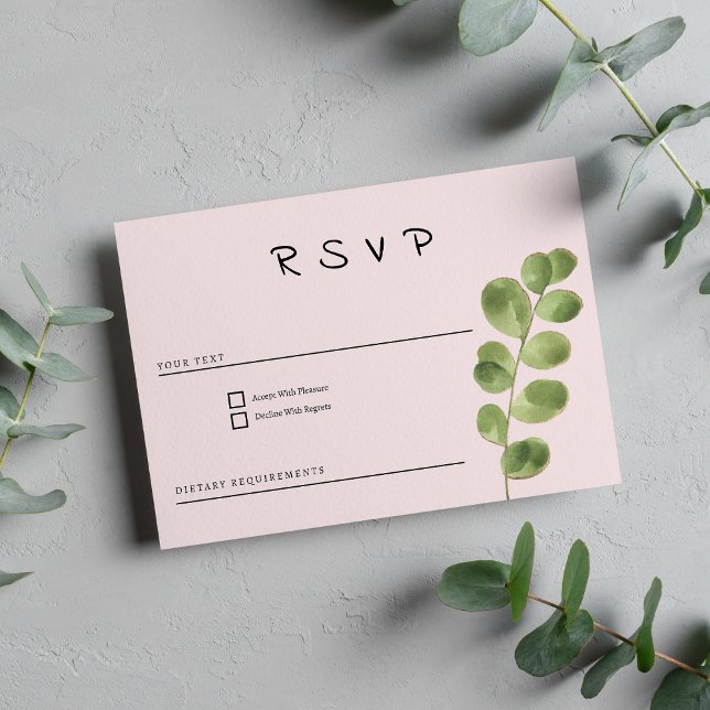 Invitación Mata rosa pastel oro eucalipto hoja RSVP (Pastel pink mint gold eucalyptus leaf RSVP)