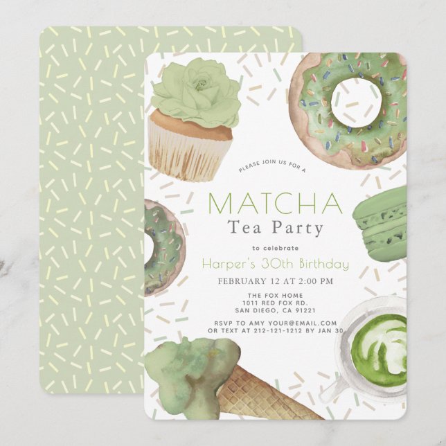 Invitación Matcha Dulce Fiesta de Té Verde Adulto Cumpleaños (Anverso / Reverso)