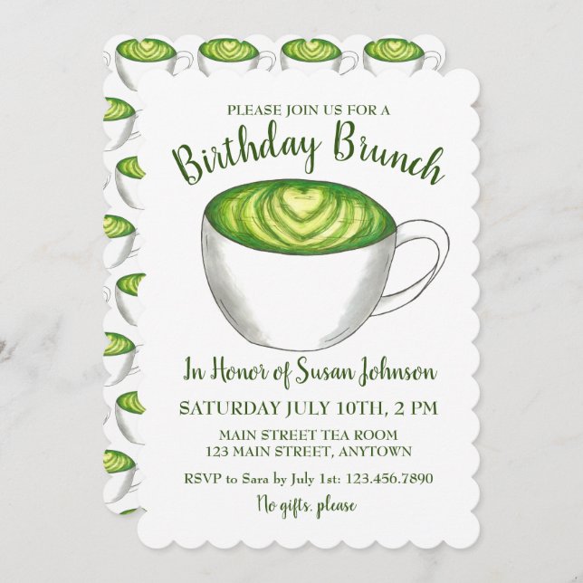 Invitación Matcha Green Tea Latte Fiesta Birthday Brunch (Anverso / Reverso)
