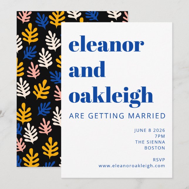 Invitación Matisse moderno Boda negro azul botánico (Anverso / Reverso)