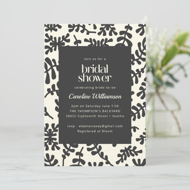 Invitación Matisse presupuesto ducha de novia negra botánica (Anverso de pie)
