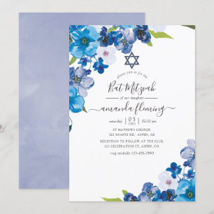 Invitación Matiz de Azul Floral Bat Mitzvah