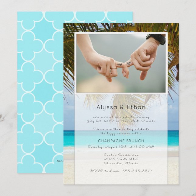 Invitación matrimonial de fotos de palmeras y mar (Anverso / Reverso)