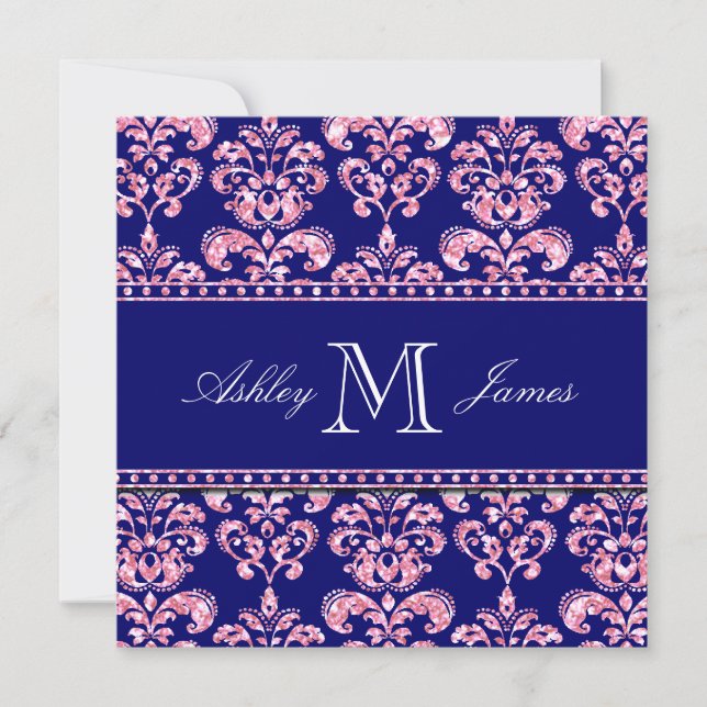 Invitación Matrimonio azul de la marina Purpurina rosa impres (Anverso)