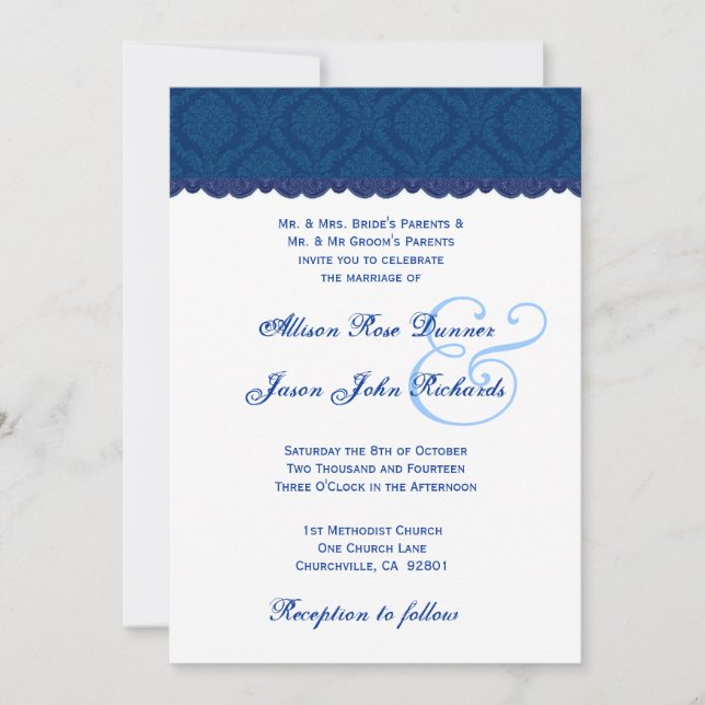 Invitación Matrimonio azul y blanco de la marina V001 (Anverso)