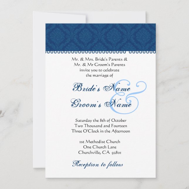 Invitación Matrimonio blanco y azul de la marina (Anverso)