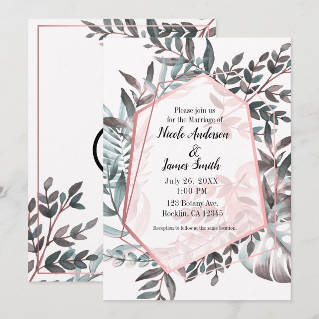 Invitación Matrimonio Boda botánico de Rubor rosado Rosa (Anverso / Reverso)