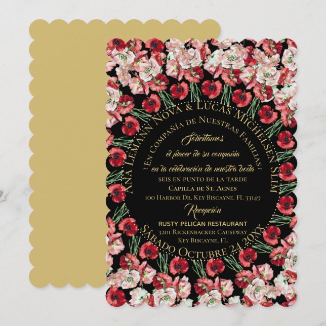 Invitación Matrimonio/Boda Floral Rosa-Rubor Negro (Anverso / Reverso)