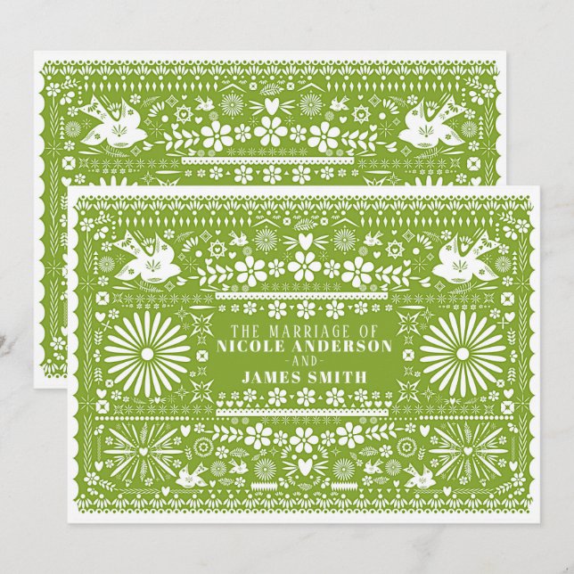 Invitación Matrimonio Boda verde de aguacate picado mexicano (Anverso / Reverso)