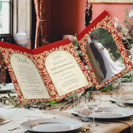 Invitación Matrimonio Damasco Cristiano Borgoña Rojo y Crema/