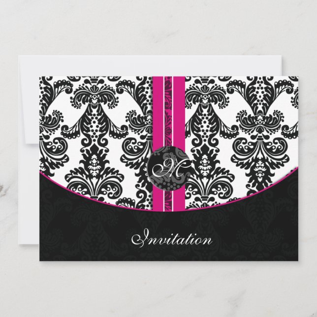 Invitación Matrimonio Damasco negro y rosa (Anverso)