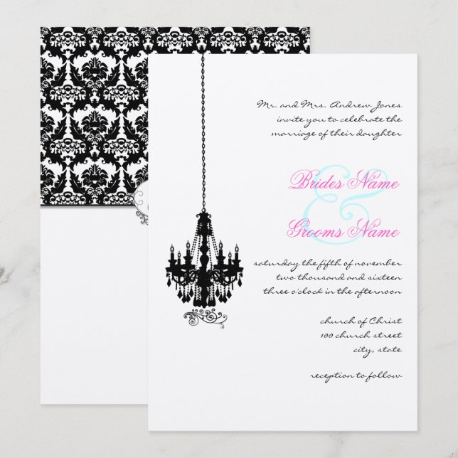 Invitación Matrimonio Damask de Chandelier de una granja vict (Anverso / Reverso)
