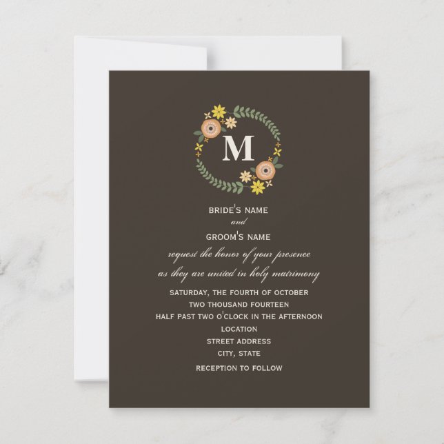 Invitación Matrimonio de caída con monograma de floral (Anverso)