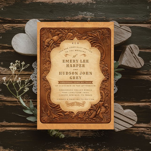 Invitación Matrimonio de cosecha occidental de cuero con herr (rustic country wedding invitation western cowboy tooled leather frame elegant barn ranch wild west)