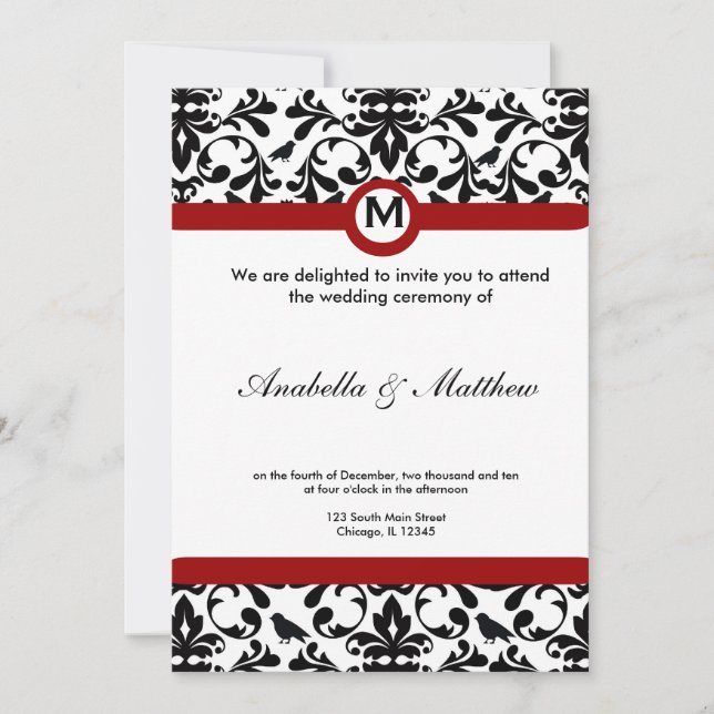 Invitación Matrimonio de Damasco Blanco y Negro (Anverso)
