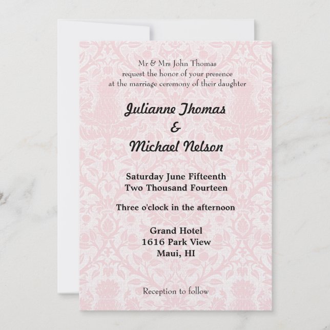 Invitación Matrimonio de Damasco Blanco y Rosa de bonito (Anverso)