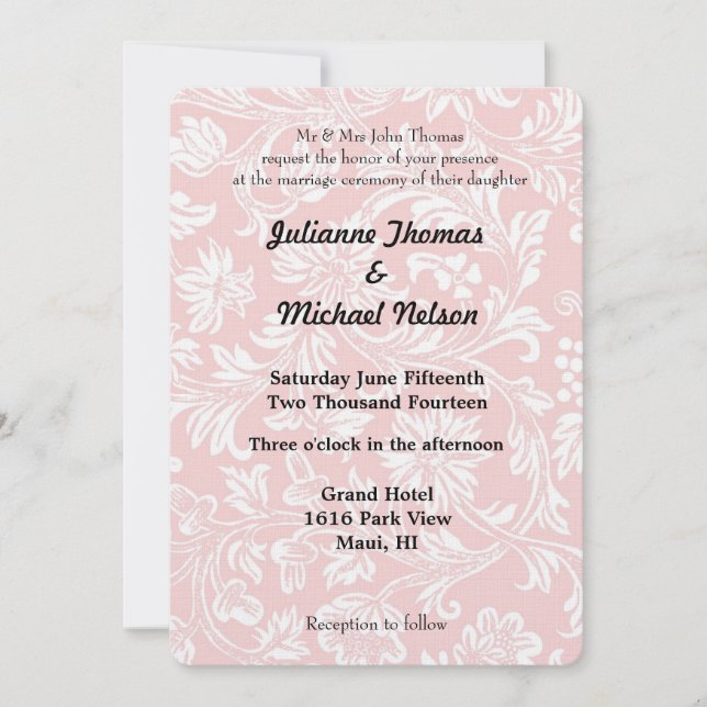 Invitación Matrimonio de Damasco Blanco y Rosa de bonito (Anverso)