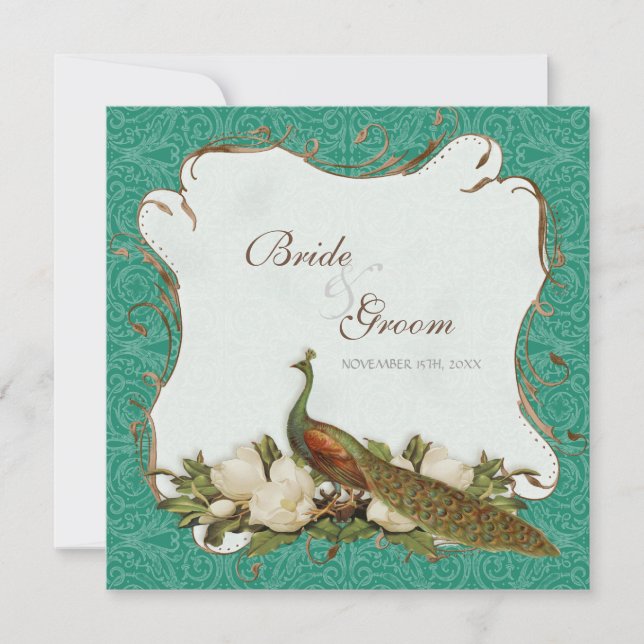 Invitación Matrimonio de Damasco con Floral de Peacock Magnol (Anverso)
