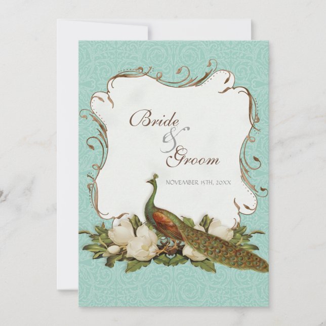 Invitación Matrimonio de Damasco con Floral de Peacock Magnol (Anverso)