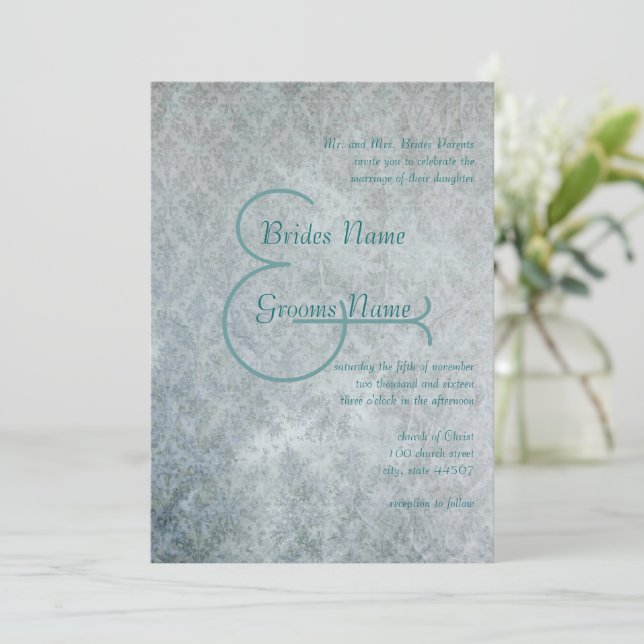 Invitación Matrimonio de Damasco de encaje ruidoso de Silver  (Anverso de pie)