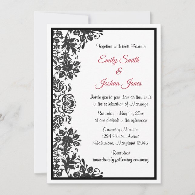 Invitación Matrimonio de Damasco floral blanco y negro (Anverso)