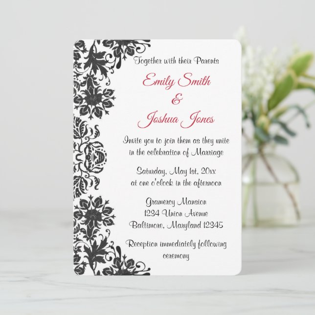 Invitación Matrimonio de Damasco floral blanco y negro (Anverso de pie)