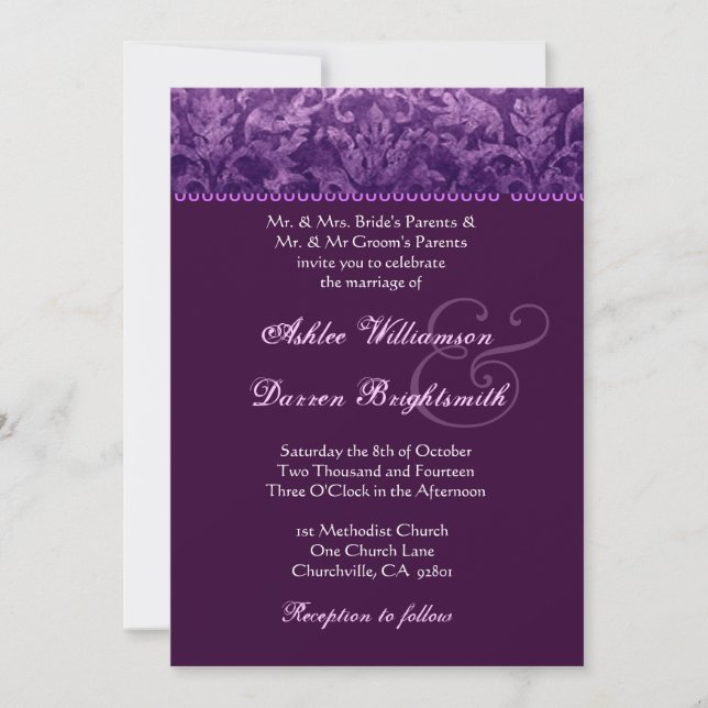 Invitación Matrimonio de Damasco morado y morado blanco Ver 0 (Anverso)